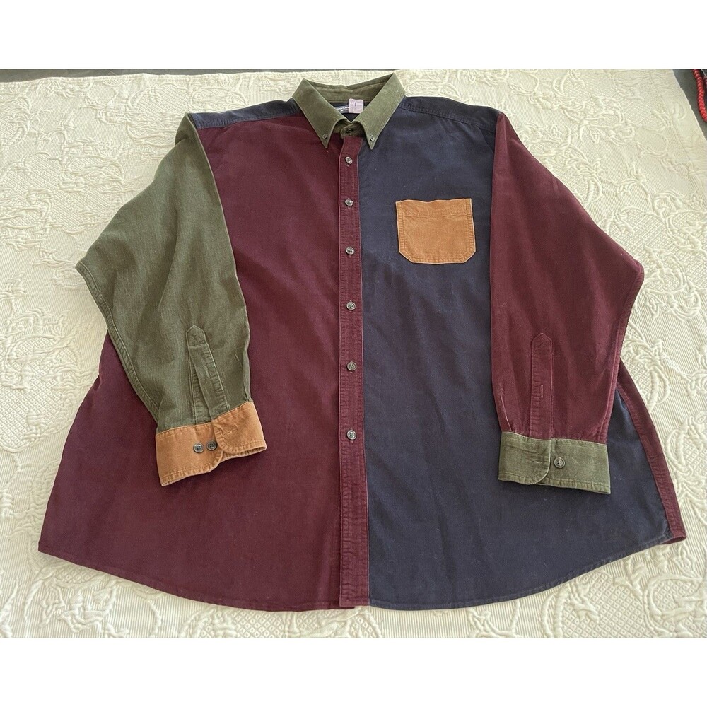 Roundtree Yorke Color Block Corduroy Button Down Shirt w Dry Clean Tag Men XXL